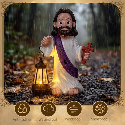 Capoda Solar Jesus Figurine 8 Inch, He is Risen Easter Statue with Glowing Lantern, Jesus Loves You Christian Resin Outdoor Garden Statue Decor, Religious Easter Gifts (Cross,Purple)