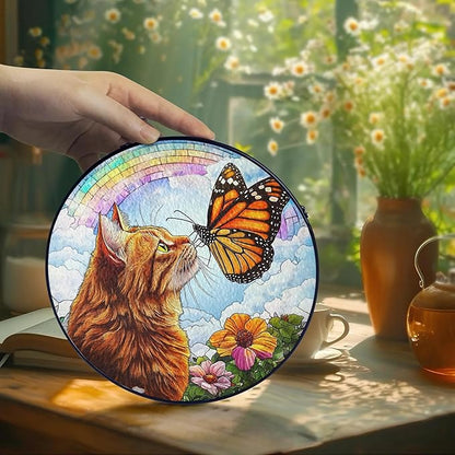 Orange Cat Stained Glass Suncatcher, Butterfly Orange Cat Lovers Gifts Window Hanging Garden Decor, Memorial Pet Loss Sympathy Gift Christmas Birthday for Grandma, Friends, Women