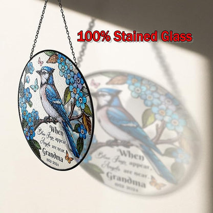 Personalized Blue Jay Bird Stained Glass Suncatcher, In Loving Memorial Name Bird Memorial Suncatcher Window Hanging Mothers Day Blue Jay Appear Angels are Near, Sympathy Gifts for Mom, Grandma, Women