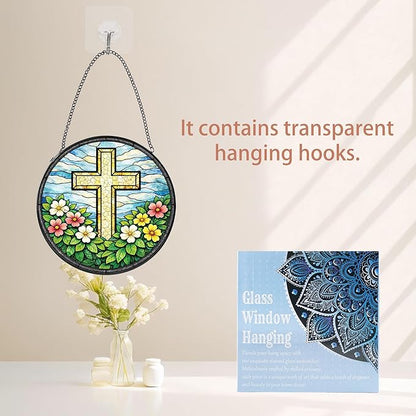 Cross Flower Stained Suncatcher, 8" Round Christian Glass Window Hanging with Metal Chain, Religious Decorative Glass Art for Home Garden, Faith Gift for Mom Grandma