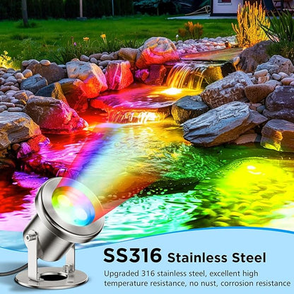 LyLmLe LED Pond Lights with APP Control, 6W SS316 Stainless Steel RGB Underwater Fountain Light with 12V Transformer, IP68 Waterproof Outdoor Underwater Lights for Pond Waterfall, Black Wire