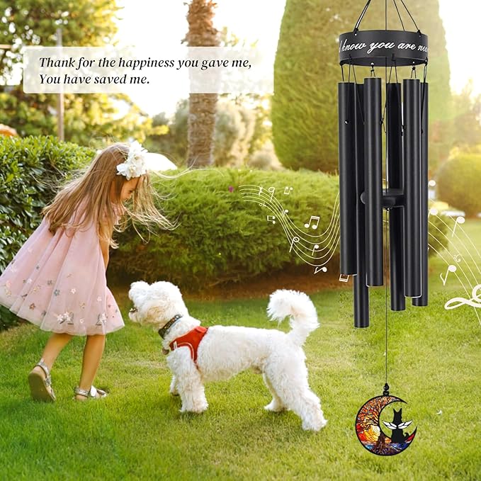 35" Pet Memorial Wind Chime, Pet Sympathy Gift for Loss of Dog, Dog Memorial Wind Chime with Stained Moon, Hand Tuned Aluminum Wind Chimes for Outdoor Garden Porch Remembrance Decor, Black