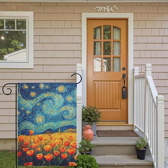Spring Tulip Garden Flag Summer Van Gogh Starry Night Yard Flags Vibrant Orange Tulips Art Print Seasonal Welcome House Banners for Outdoor Porch Lawn Patio Landscape Decor 12×18 Inch