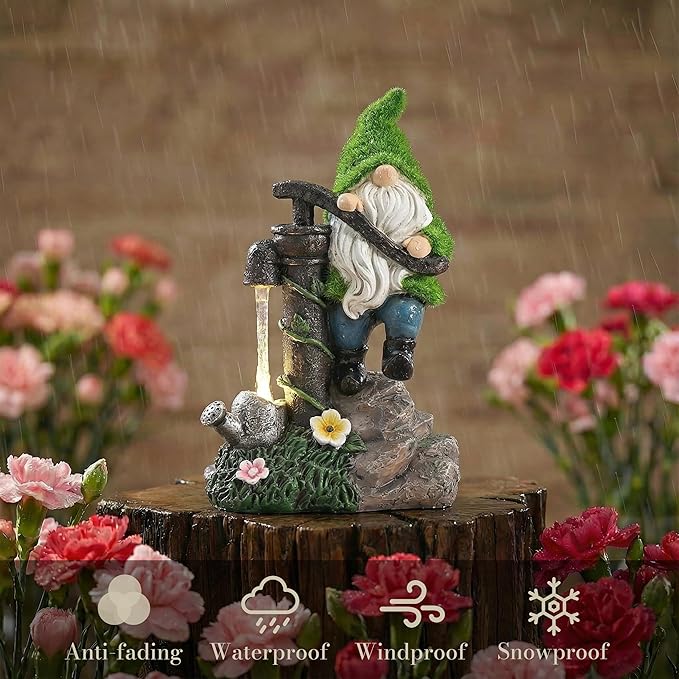 TERESA'S COLLECTIONS Garden Decor, Garden Gnomes Pumping Water,Gnomes Decor, Waterproof Resin with Solar Lights, Garden Decor, Garden Gifts for Mom,Indoor/Outdoor,9"