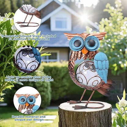 MUMTOP Solar Lights Outdoor Garden Owl Decor, Owl Solar Light Outdoor Waterproof with Crackle Glass Globe Gardening Statue Gifts and Metal Yard Art for Lawn Porch Patio Outside Garden