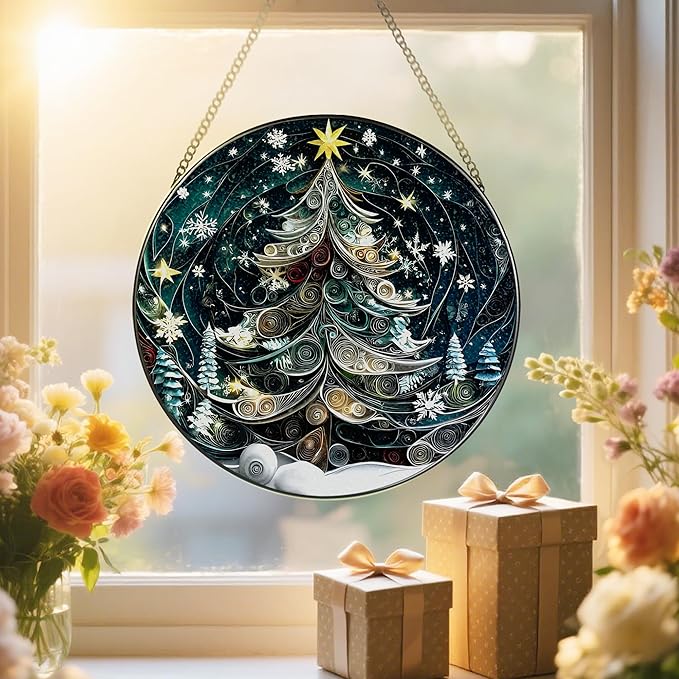 8-Inch Starry Christmas Tree Suncatcher Ornament: Stained Glass Window Hanging & Decor, Sun Catchers Indoor Window — Gift for Christmas, Holiday Present Idea, Gifts Exchange, Gift Idea