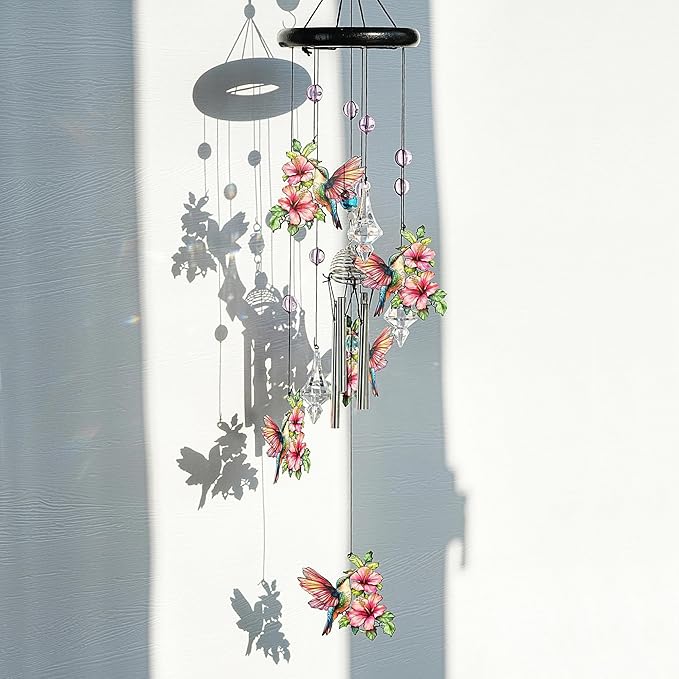 YU FENG Hummingbird Wind Chimes with Crystal Suncatcher – 27 Inch Memorial Wind Chime for Outdoor Garden Decor, Pink Hummingbird Gifts for Women/Mom/Grandma, Durable Metal Windchimes for Yard/Patio