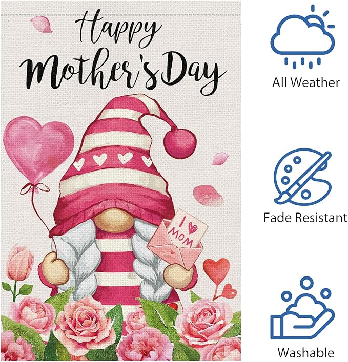 Heyfibro Happy Mother's Day Gnome Garden Flag 12x18 Double Sided Burlap, I Love Mom Flower Rose Love Heart Yard Banner for Spring Outside Outdoor House Mothers Day Decoration (ONLY FLAG)