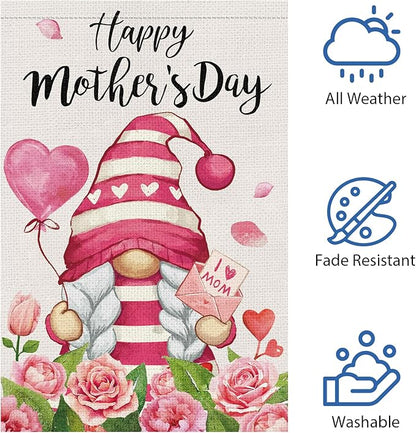 Heyfibro Happy Mother's Day Gnome Garden Flag 12x18 Double Sided Burlap, I Love Mom Flower Rose Love Heart Yard Banner for Spring Outside Outdoor House Mothers Day Decoration (ONLY FLAG)