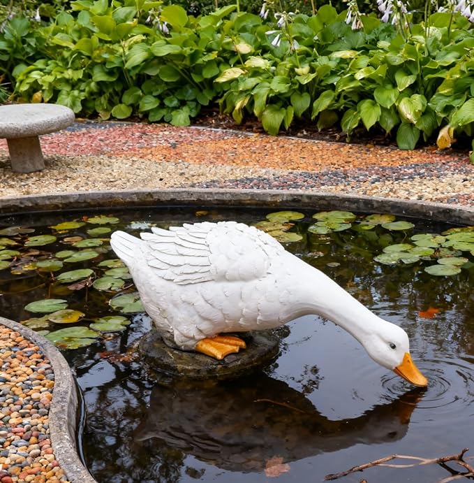 Porch Duck Statue Outdoor Decor,11.0''(D) Drinking White Duck Garden Sculptures for Yard Lawn,Resin Animal Figurines Home Patio Art Decorations