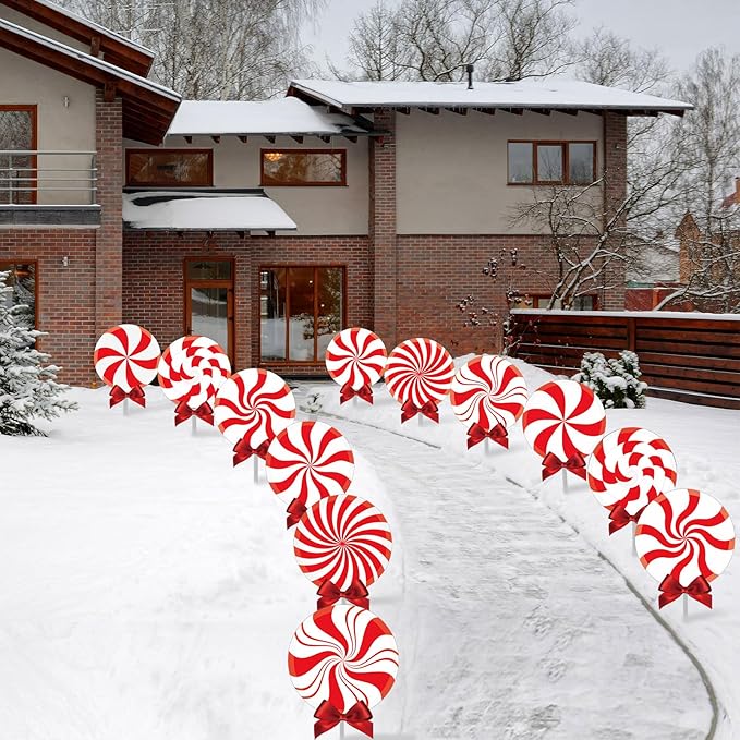 Glenmal 12 Pcs Christmas Outdoor Yard Signs Peppermint Corrugated Yard Decorations with Stakes and Bow Xmas Decorations Garden Sign Waterproof Cardboard Lawn Signs for Pathway Walkway (Peppermint)