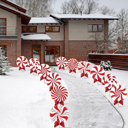 Glenmal 12 Pcs Christmas Outdoor Yard Signs Peppermint Corrugated Yard Decorations with Stakes and Bow Xmas Decorations Garden Sign Waterproof Cardboard Lawn Signs for Pathway Walkway (Peppermint)