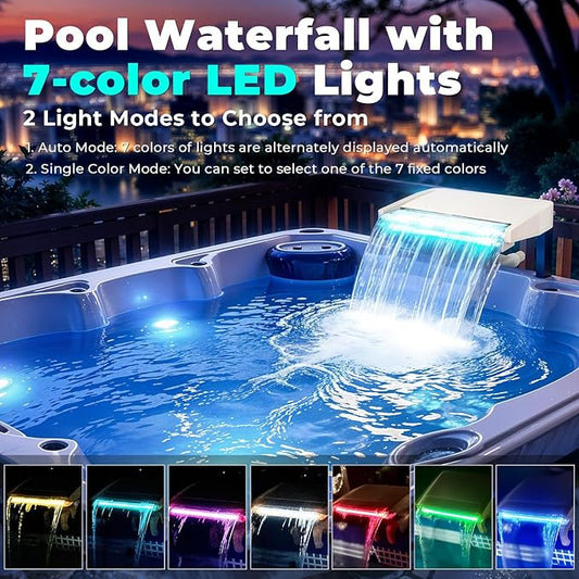 Hanaoyo LED Pool Fountain Waterfall for Above Ground Pools, 7 Different Lighting Colors, Smooth Flowing Pool Waterfall Relaxing Cascade for Outdoor Decor, Adjustable Width Fits Various Frames