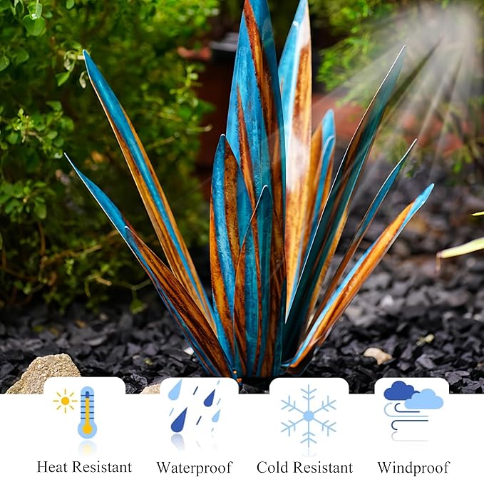 Outdoor Garden Metal Yard Art: Metal Agave Plants Outdoor Decor, Lawn Ornaments for Outside, Large Leaf Enlarge Thickened Artificial Agave Plant, for Outdoor Garden Yard Sculpture Decor (Blue)