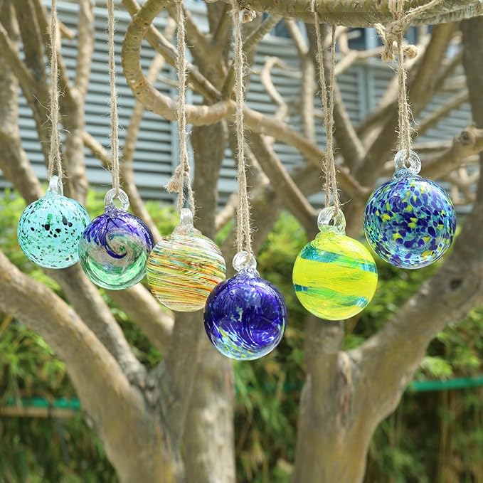 VCUTEKA Hanging Garden Gazing Ball, Hand-Blown Glass Witch Ball for Outdoor Garden Décor, 6pcs 3" Colorful Swirl