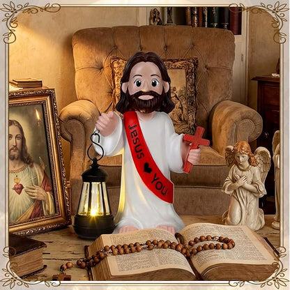 Capoda Solar Jesus Figurine 8 Inch, He is Risen Easter Statue with Glowing Lantern, Jesus Loves You Christian Resin Outdoor Garden Statue Decor, Religious Easter Gifts(Cross,Red)