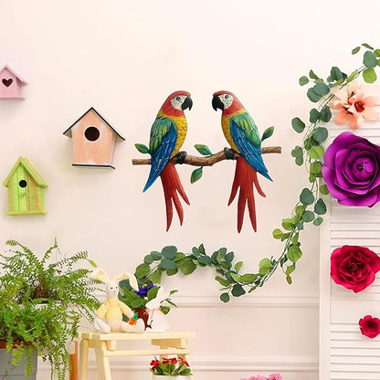 Limygus Metal Two Parrot Wall Decor, Bright Color Tropical Bird Outdoor Wall Art Patio Fence Decorations, Hanging Bird Decor for Garden Yard Living Room Bedroom Balcony