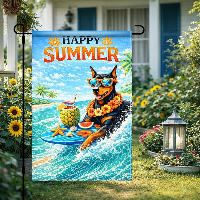 BlissYard Happy Summer Doberman Garden Flag 12x18 Double Sided Vertical Outdoor Decor Surfing Dog Tropical Beach Yard Garden Lawn Patio Banner