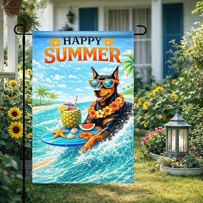 BlissYard Happy Summer Doberman Garden Flag 12x18 Double Sided Vertical Outdoor Decor Surfing Dog Tropical Beach Yard Garden Lawn Patio Banner