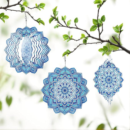 Wind Spinner Mandala Blue, 12-Inch 3D Kinetic Stainless Steel Metal Hanging Wind Spinners Outdoor, Flowers Yard Art Garden Porch Indoor Outdoor Decor