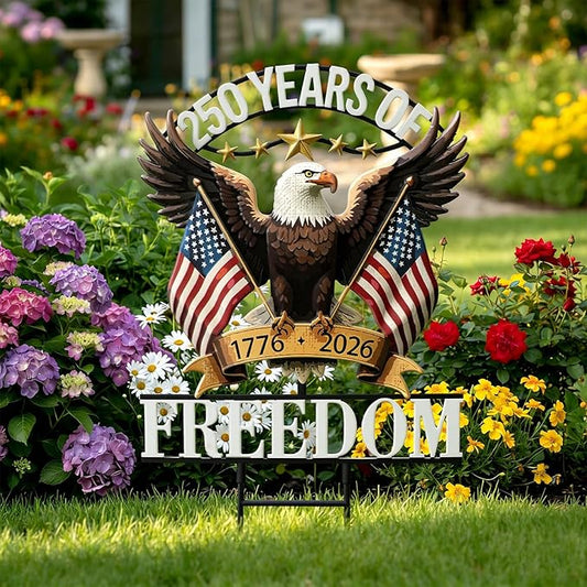 Fumete 250 Anniversary America Garden Stake 4th of July Decorations Outdoor Patriotic Independence Memorial Day Eagle Metal Stake 250th Anniversary USA 1776-2026 Yard Sign for Outside Lawn 18.9”x11.4”