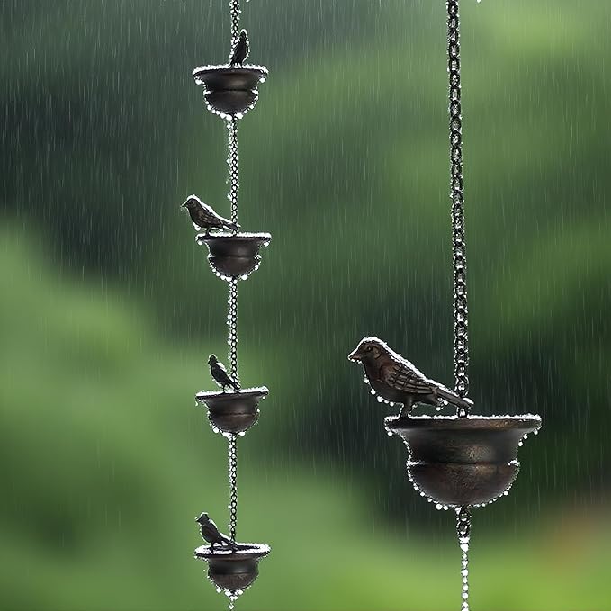 Elegant 32in Bird-Shaped Rain Chains for Outside with Gutter Adapter, Durable Copper Rain Chain for Water Management, Easy Install for Gardens and Patios, Equipped with V-Shaped Hooks