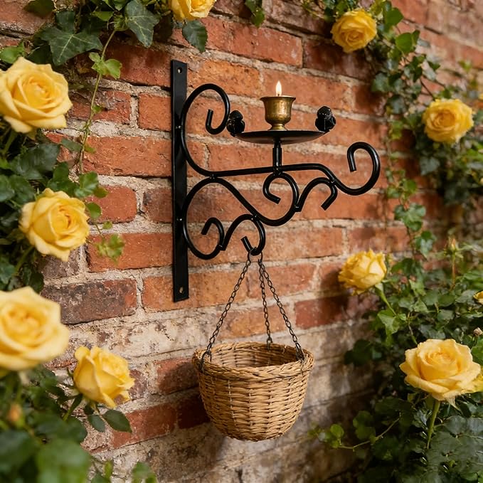 JunC Black Iron Candle Holder Hanger with Hooks for Hanging Plants Indoor Outdoor Wall Mount, Metal Bracket,Bird Feeder Hook, Wind Chime Holder (10lb Capacity) (Candle)