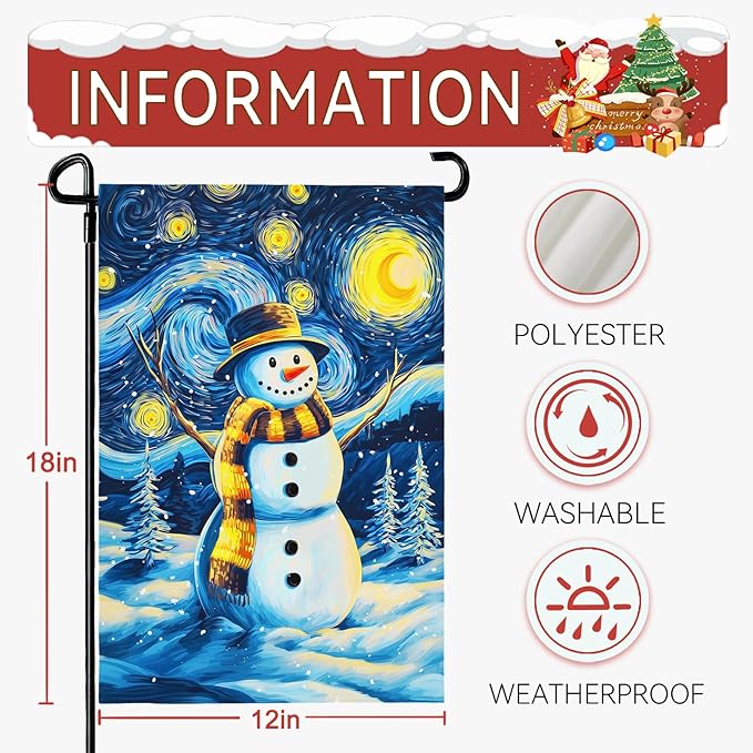 Winter Garden Flag Santa Snowman Yard Flags Van Gogh Yard Flags Art Starry Night Sky Moon Wall Banner Xmas Blue Pine Snowfield House Banners for Happy Holiday Farmhouse Outdoor 12 x 18 Inch