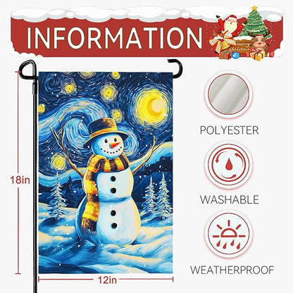 Winter Garden Flag Santa Snowman Yard Flags Van Gogh Yard Flags Art Starry Night Sky Moon Wall Banner Xmas Blue Pine Snowfield House Banners for Happy Holiday Farmhouse Outdoor 12 x 18 Inch