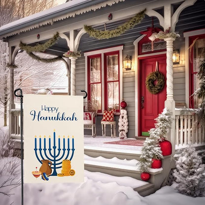 Happy Hanukkah Garden Flags Menorah Star of David Chanukah Yard Flag Jewish Gyroscope Holiday Festival Holiday House Banner Double Sided for Winter Decor 12 x 18 Inch