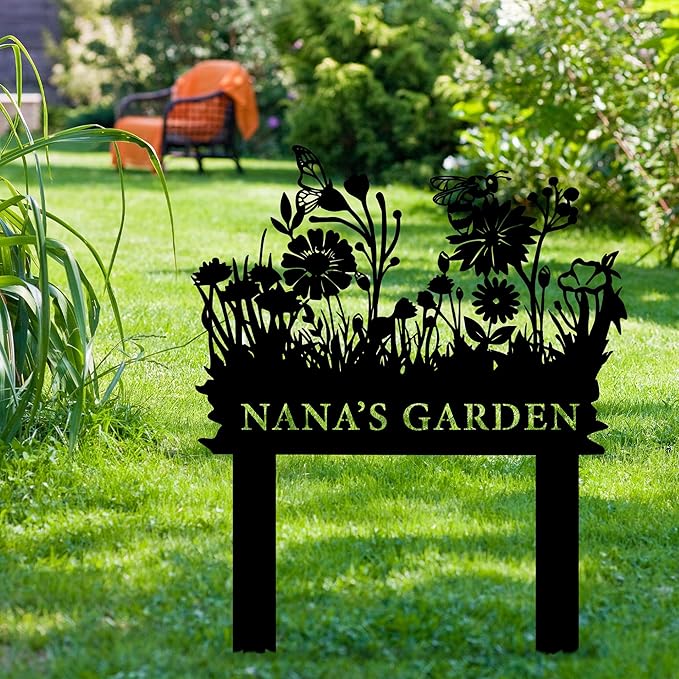Personalized Butterfly and Bee Metal Garden Stake Sign, Custom Flower Themed Garden Metal Stake, Customized Garden Signs Decorative Outdoor, Farmhouse Yard Art, Flower Bed Decor, Gift for Gardener