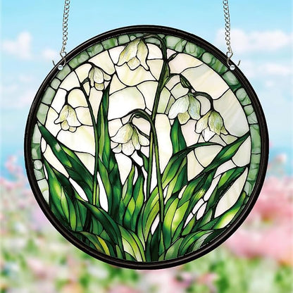 CREATCABIN Lily of The Valley Suncatcher Round Sun Catchers Stained Acrylic Flower Floral Window Wall Art Hanging Decoration with Metal Ball Chain for Living Room Bedroom Home Garden Ornament 9.8 Inch
