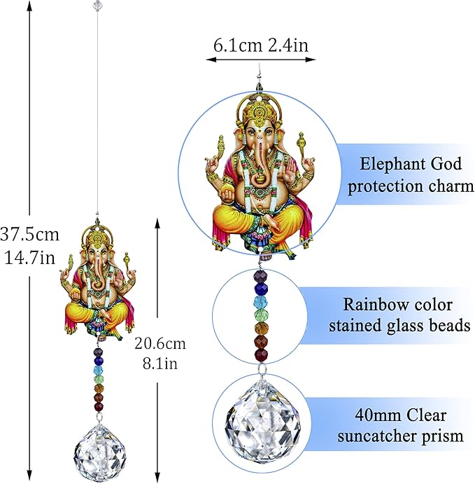 8inch Elephant God Prism Suncatcher Hindu Ganesha Protection Charm Decor Window Garden Wall Hanging Crystal Pendant for Christmas Tree