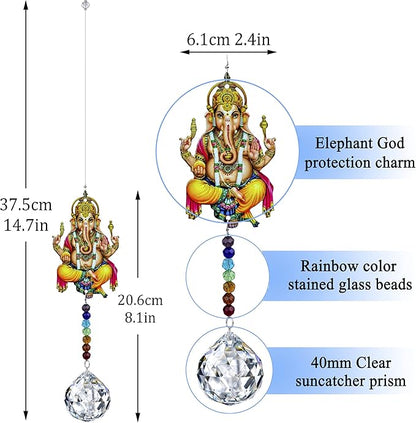 8inch Elephant God Prism Suncatcher Hindu Ganesha Protection Charm Decor Window Garden Wall Hanging Crystal Pendant for Christmas Tree