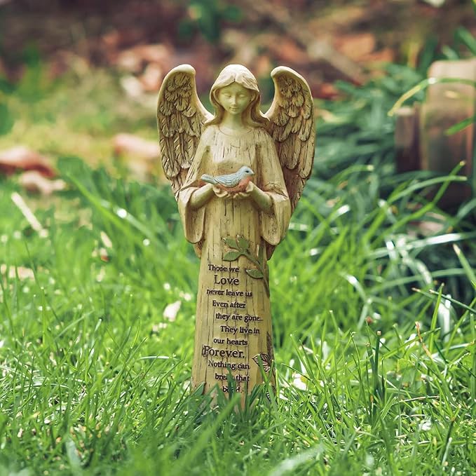 DUSVALLY Angel Resin Statue, Memory Guardian Garden Decor, 10" H Waterproof Outdoor Angel Statue Praying Angel Figurine Sculpture for Lawn & Yard (Holding the Bird)