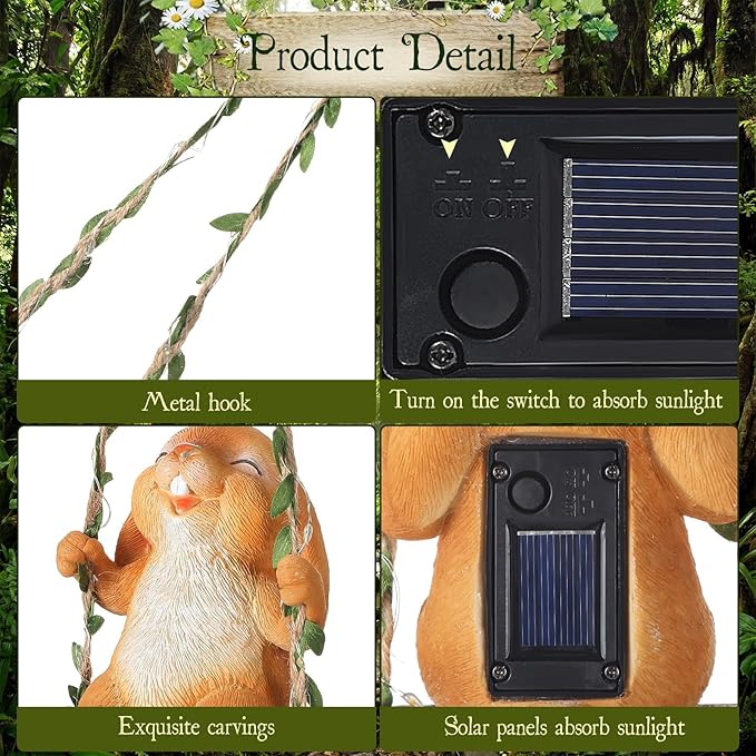 Thyle Solar Light Outdoor Bunny Statues 19" H Hanging Bunny on Swing with LED Light Spring Decorations Outdoor Resin Waterproof Hanging Animal Figurine with Hook for Yard Garden Wall Gift