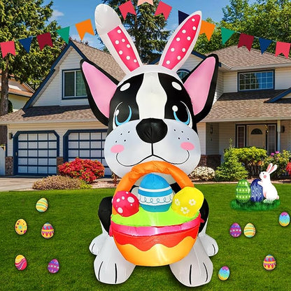 5 FT Easter Inflatables Dog Outdoor Decoration, LED Blow Up Yard Cute Dog with Easter Eggs for Party Spring Garden Drawing Room Indoor Decorations