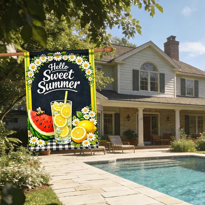 Nuxovilar Large Summer Garden Flag Hello Sweet Summer Lemon Watermelon Daisy Pattern Polyester 28×40 Inches Garden Flags for Outside Seasonal Decor Yard Porch Lawn