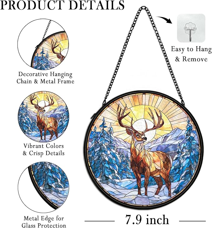 Winter Wonderland Christmas Deer Suncatcher Stained Glass Window Hanging Decorstions, Landscape Stained Glass Wall Decor, Winter Solstice Gifts, Forest Garden Sun Catchers Window Art, 7.9x7.9In
