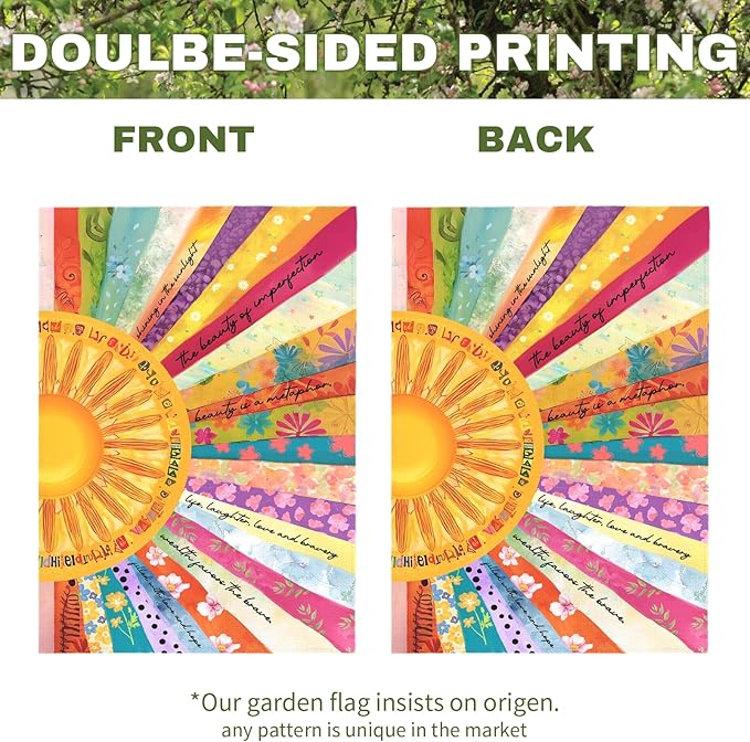Summer Sun Garden Flag Colorful Boho Sunshine Yard Flags Inspirational Artistic Outdoor Decor for Front Yard Lawn Patio Porch Bright Floral Seasonal House Banner Double Sided 12x18 Inch