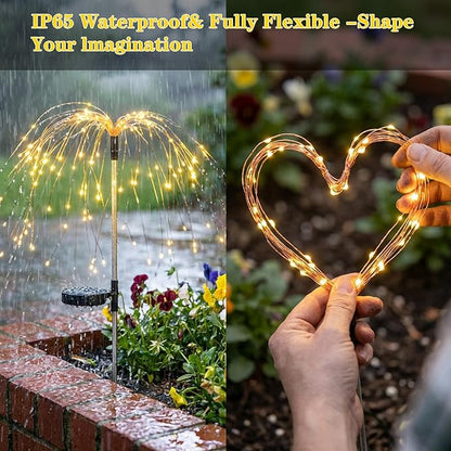 2 Pack Solar Firework Lights Outdoor, Adjustable 32" to 51" Extra Tall, Verified 200 LED Warm White Stainless Steel 3-Section Pole, 8 Modes Waterproof Starburst Garden Lights for Patio Walkway