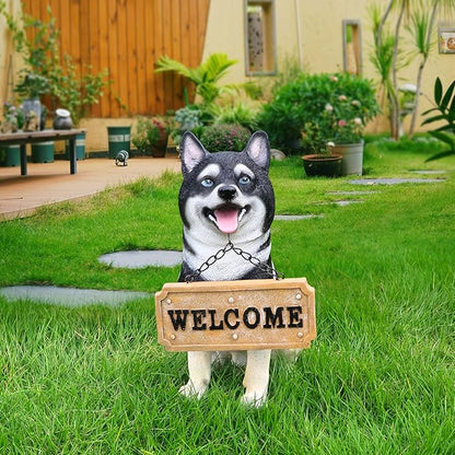 Outdoor Akita Inu Dog Statue with Interchangeable Welcome Sign and Detachable Solar Lantern –LED Light Garden Dog Sculpture Décor, Cute Puppy Design for Yard, Porch, Gift