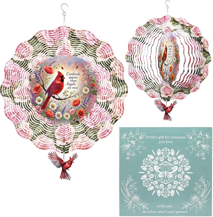 Hanging Wind Spinners Outdoor, 3D Kinetic Metal Wind Spinner with Red Cardinal Angel Memorial Design for Garden Yard Decor, Sympathy Gifts for Loss of Loved One Women