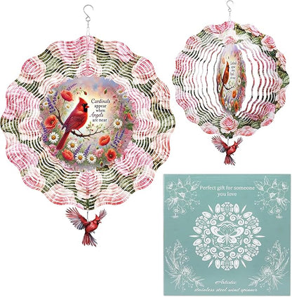 Hanging Wind Spinners Outdoor, 3D Kinetic Metal Wind Spinner with Red Cardinal Angel Memorial Design for Garden Yard Decor, Sympathy Gifts for Loss of Loved One Women