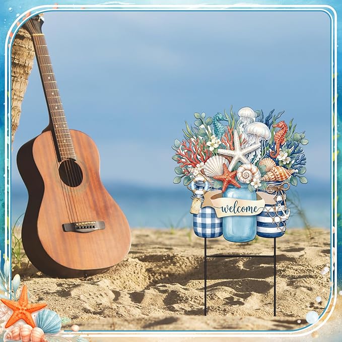 Amyhill Summer Outdoor Decor Coastal Garden Stake 25 Inch Metal Ocean Welcome Yard Sign with Seashell Starfish, Outdoor Nautical Decor for Patio Lawn Walkway Beach Themed Decorations