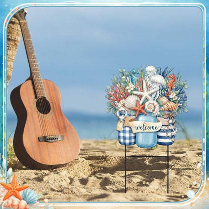 Amyhill Summer Outdoor Decor Coastal Garden Stake 25 Inch Metal Ocean Welcome Yard Sign with Seashell Starfish, Outdoor Nautical Decor for Patio Lawn Walkway Beach Themed Decorations