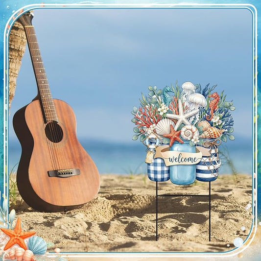 Amyhill Summer Outdoor Decor Coastal Garden Stake 25 Inch Metal Ocean Welcome Yard Sign with Seashell Starfish, Outdoor Nautical Decor for Patio Lawn Walkway Beach Themed Decorations