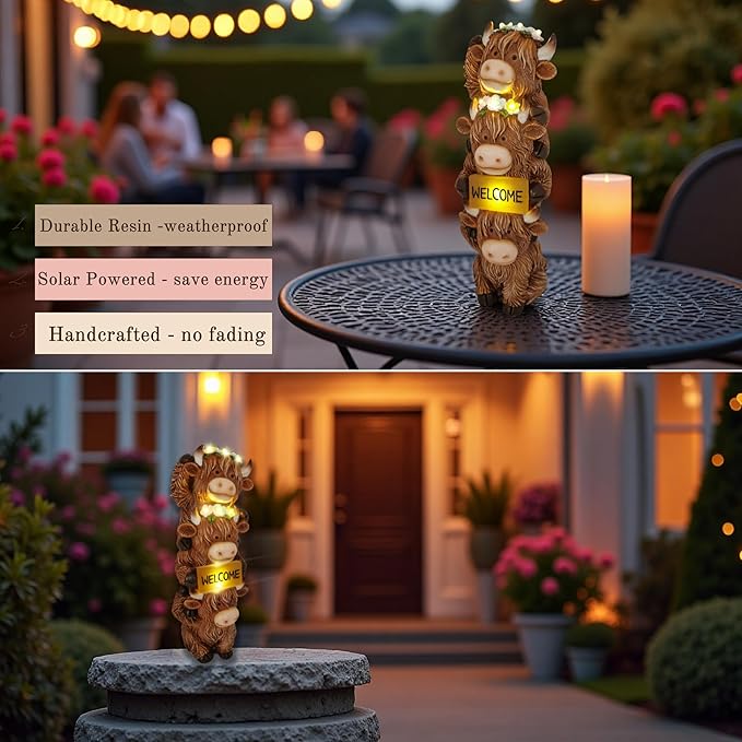 12 Inch Highland Cow Statue Solar Outdoor Decor for Yard Patio Front Door, Farmhouse Porch Decoration Animal Cattle with Led Welcome Sign Flowers Light, Home Ornaments for Outside, Mom's Gifts
