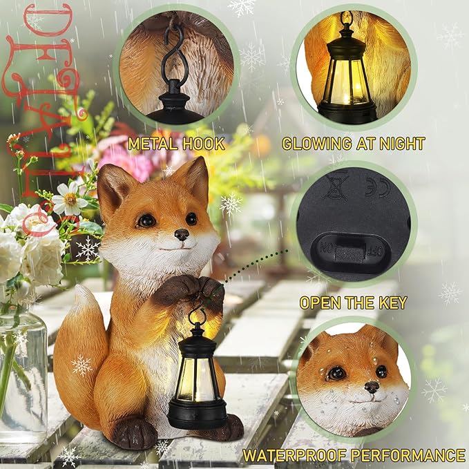 Thyle Fox Statue for Garden with Solar Power Light Garden Statue for Outdoor Patio Porch Lawn Yard Fox Decor Sculpture Summer Gardening Gifts for Women Mom Grandma Oudside Indoor Shelf Decoration