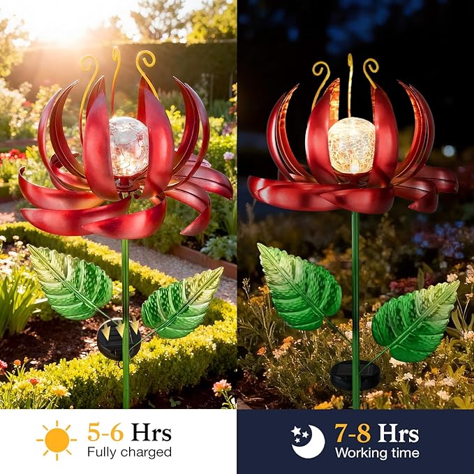 Solar Yard Lights Wind Spinners- Metal Lotus Flower Garden Decor LED Crackle Glass Globe Yard Art Sculpture Solar Stake Lights for Patio Pathway Lawn Walkway (Red-Large)